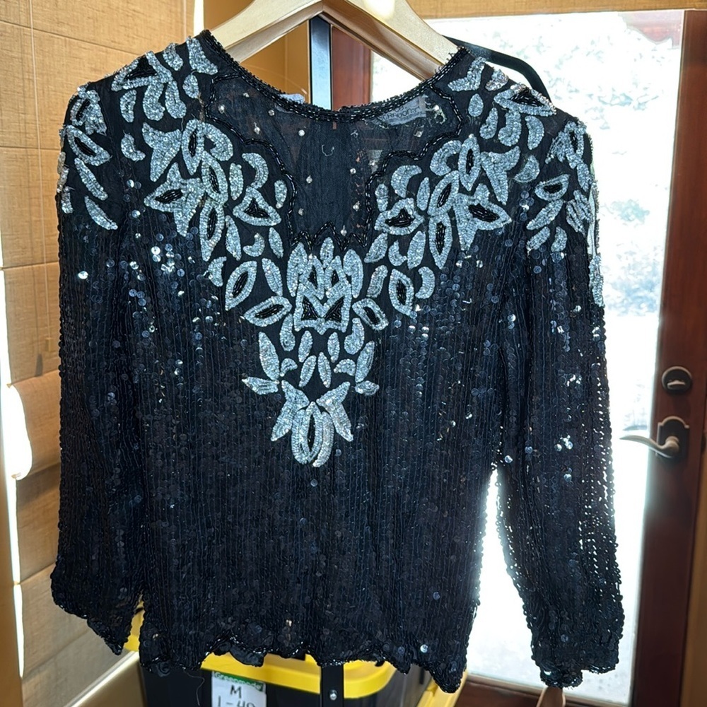 Vintage 80s Silk Beaded Sequin Top Petite Illustrations Black Silver Blouse PM - Picture 2 of 13